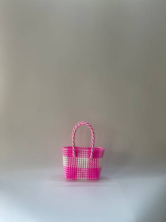 N°111XS - SAC CABAS TRESSÉ MAIN - MINI - rose clair & blanc