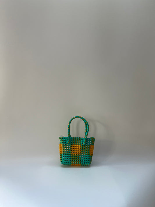 N°214XS - SAC CABAS TRESSÉ MAIN - MINI - turquoise & doré
