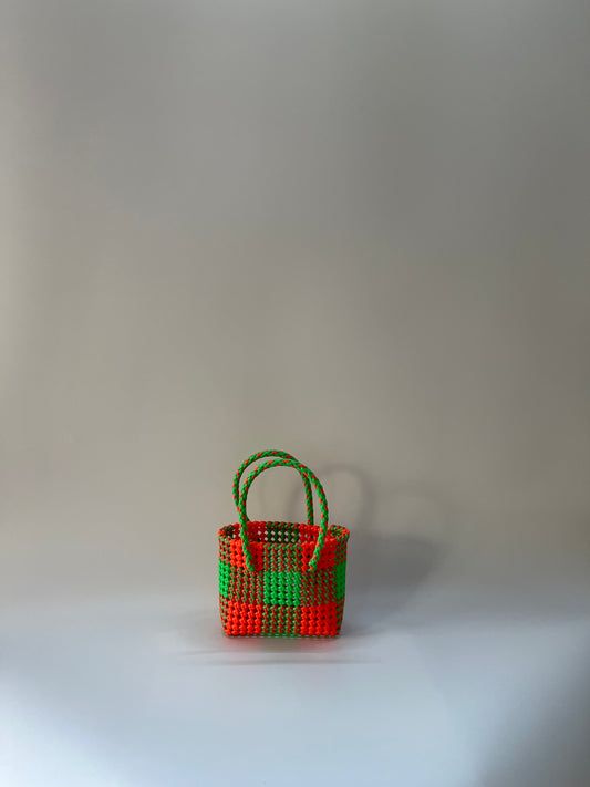 N°215XS - SAC CABAS TRESSÉ MAIN - MINI - orange fluo & vert fluo