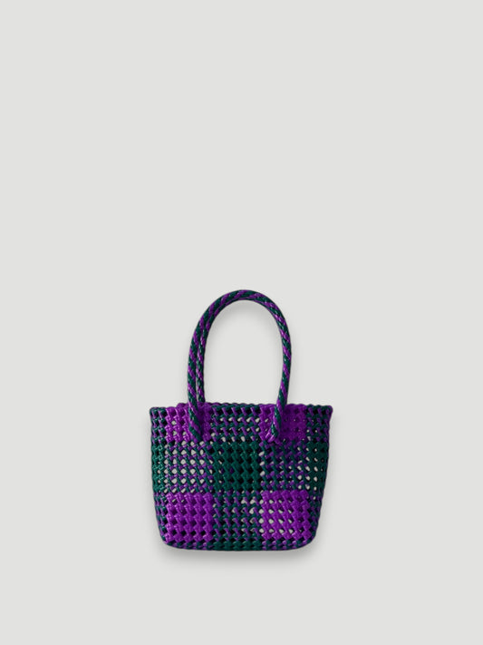 N°91XS - SAC PANIER TRESSÉ MAIN - MINI - violet & vert foncé