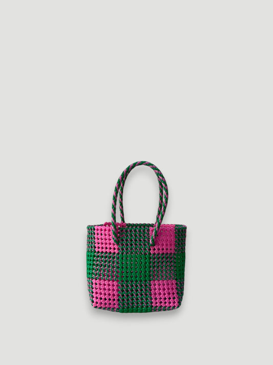 No. 19S - Hand-braided basket bag - small - light pink &amp; green