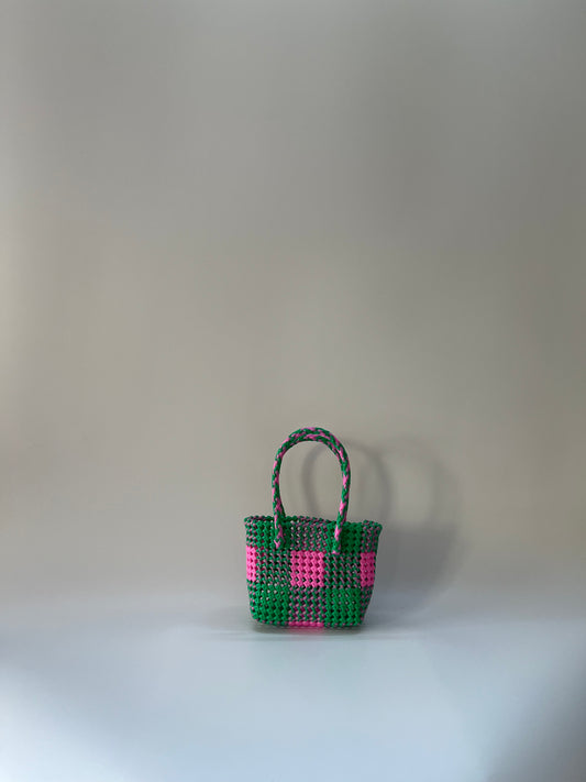 N°19XS - SAC CABAS TRESSÉ MAIN - MINI - rose clair & vert