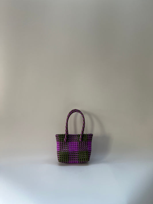 N°96XS bis - SAC CABAS TRESSÉ MAIN - MINI - kaki & violet