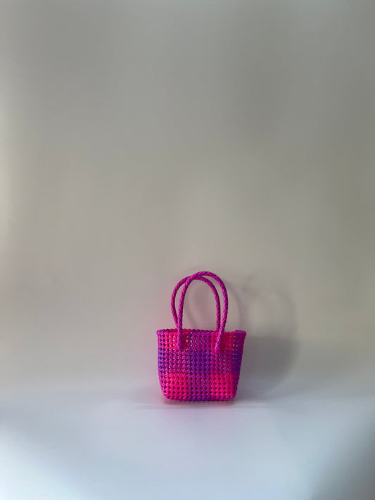 N°88XS - SAC CABAS TRESSÉ MAIN - MINI - violet & rose fluo