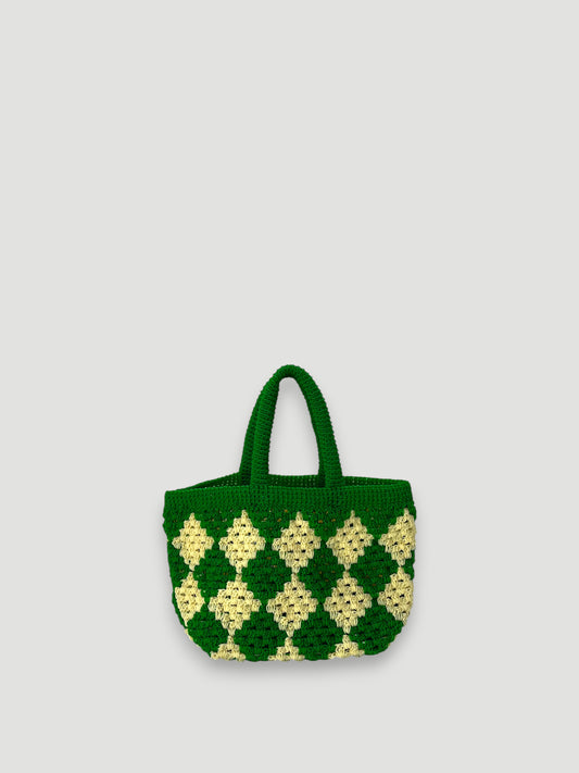 N°5SC - SAC PANIER CROCHET LOSANGE S - PETIT - vert & écru