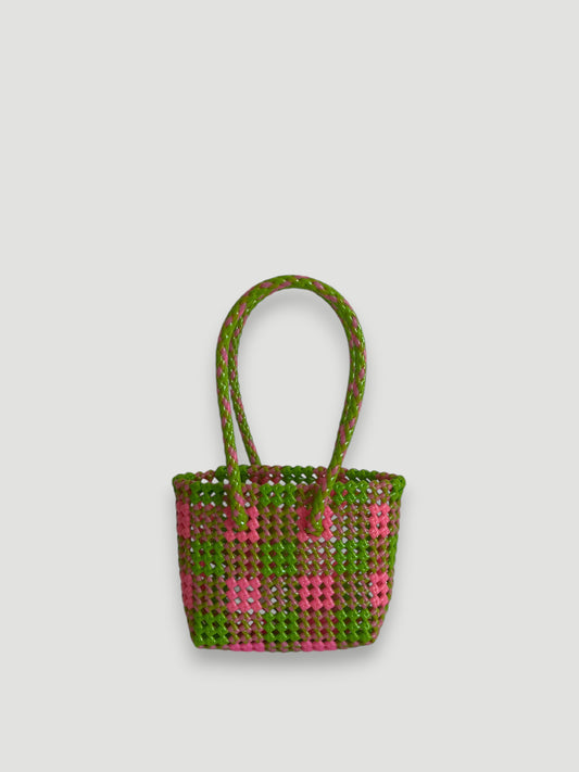 N°21XS - SAC PANIER TRESSÉ MAIN - MINI - rose clair & vert clair