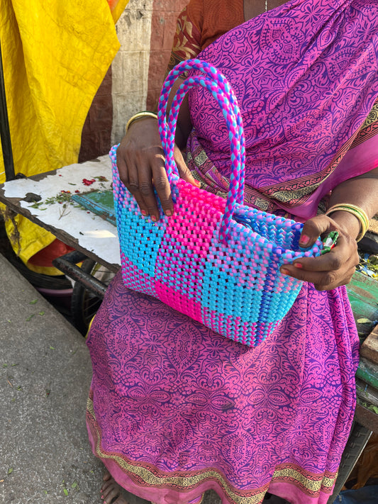 N°231M - SAC CABAS TRESSÉ MAIN - MOYEN - multicolors