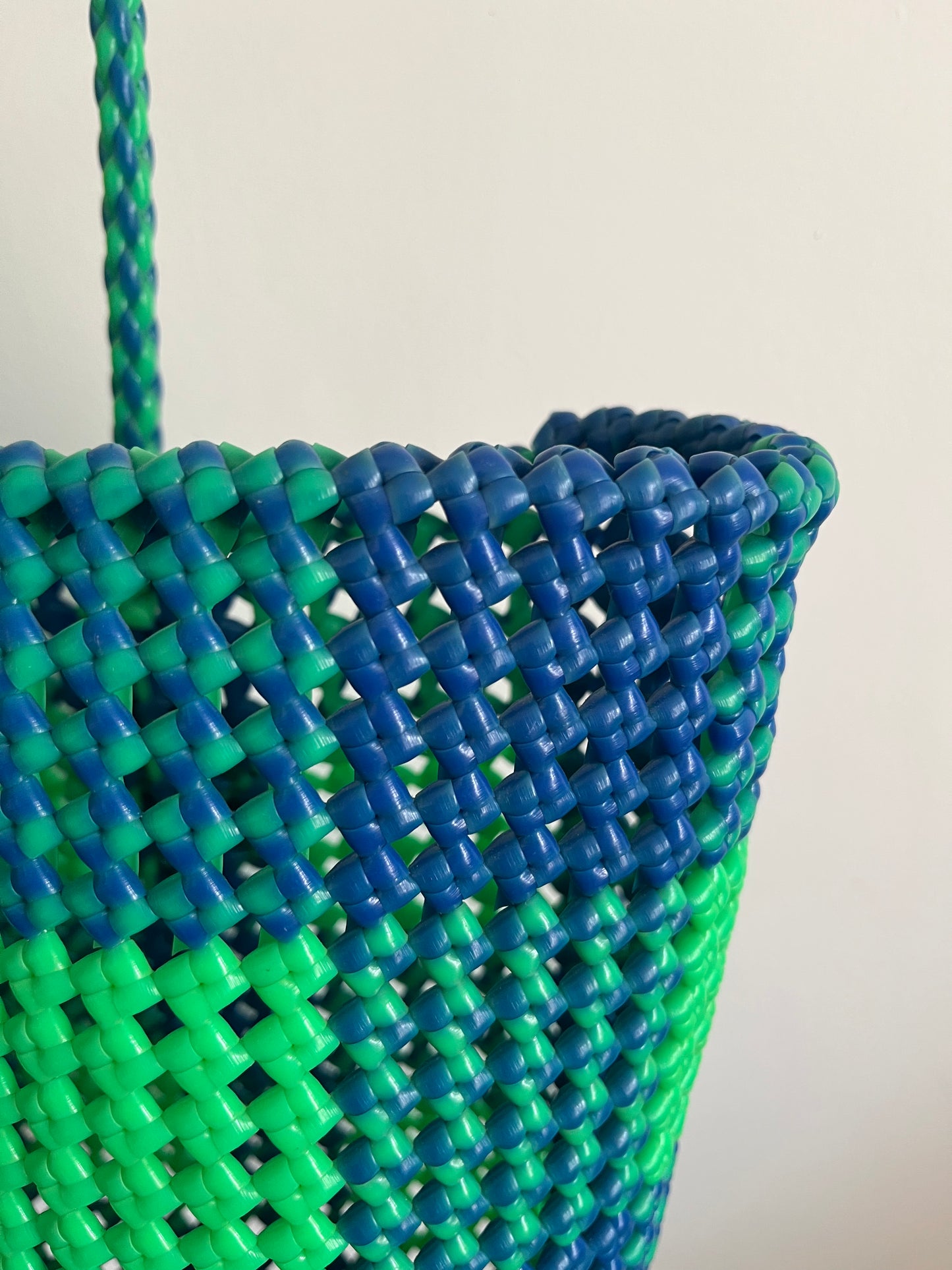 No. 49L - Handwoven basket bag - large - neon green &amp; dark blue