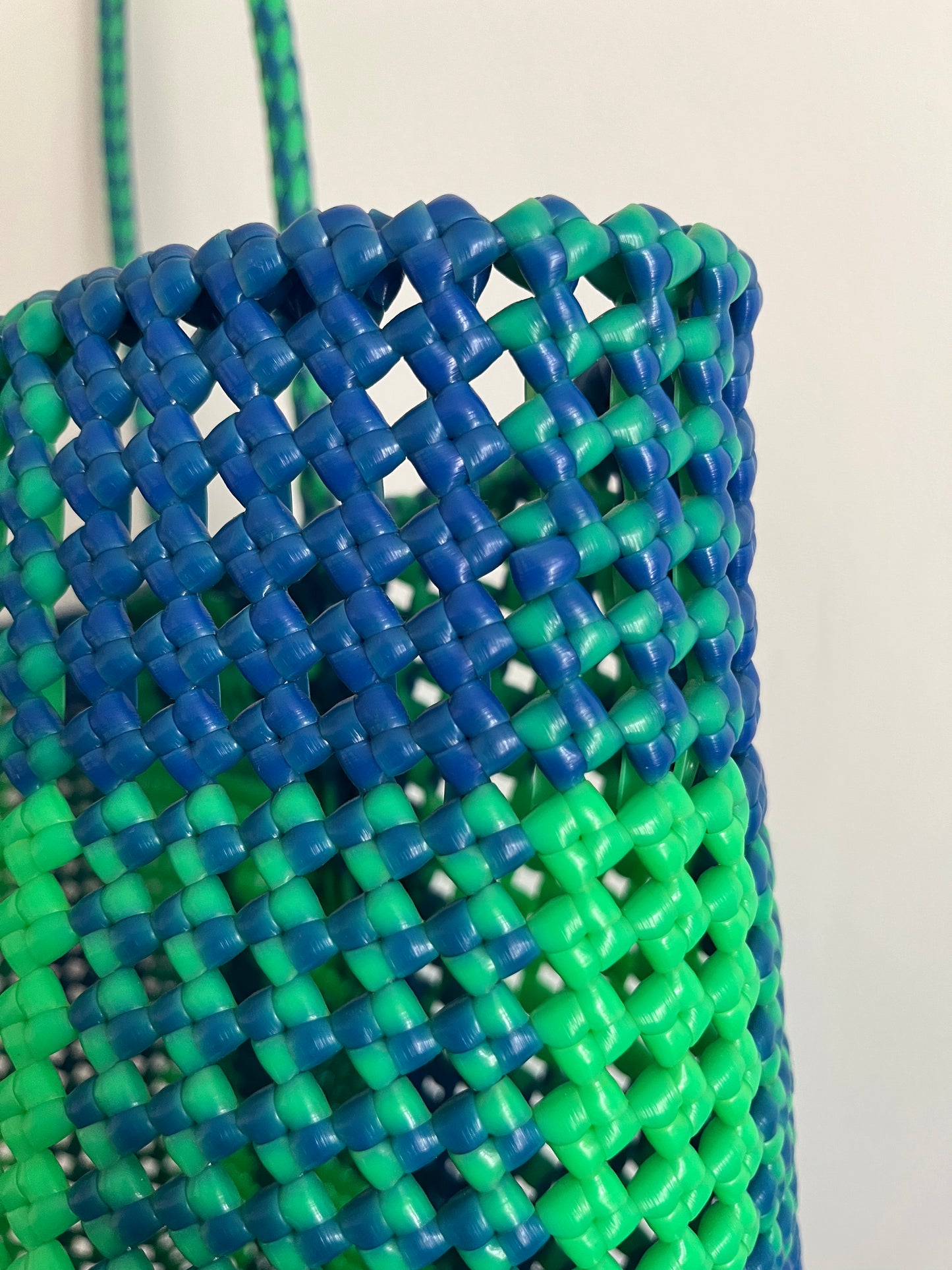 No. 49L - Handwoven basket bag - large - neon green &amp; dark blue