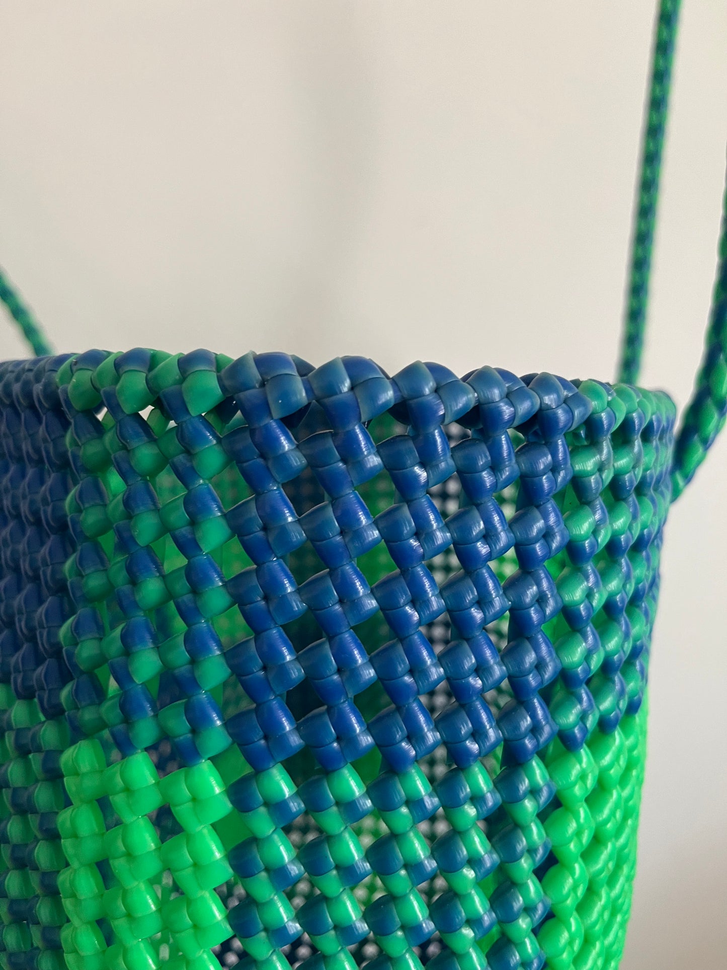 No. 49L - Handwoven basket bag - large - neon green &amp; dark blue