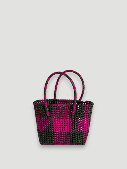 N°153S - SAC PANIER TRESSÉ MAIN - PETIT - kaki & rose foncé