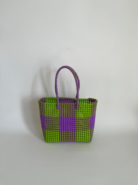 N°6M bis - SAC CABAS TRESSÉ MAIN - MOYEN - vert clair & violet