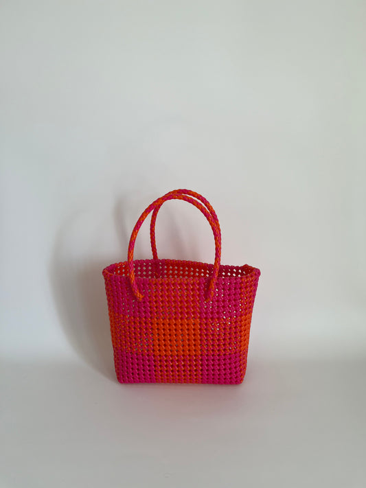 N°11M - SAC CABAS TRESSÉ MAIN - MOYEN - rouge clair & rose foncé