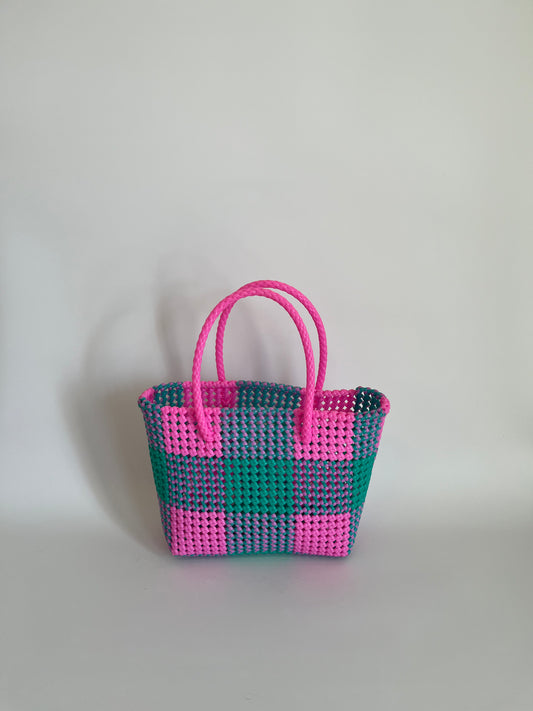 N°17M - SAC CABAS TRESSÉ MAIN - MOYEN - rose clair & turquoise