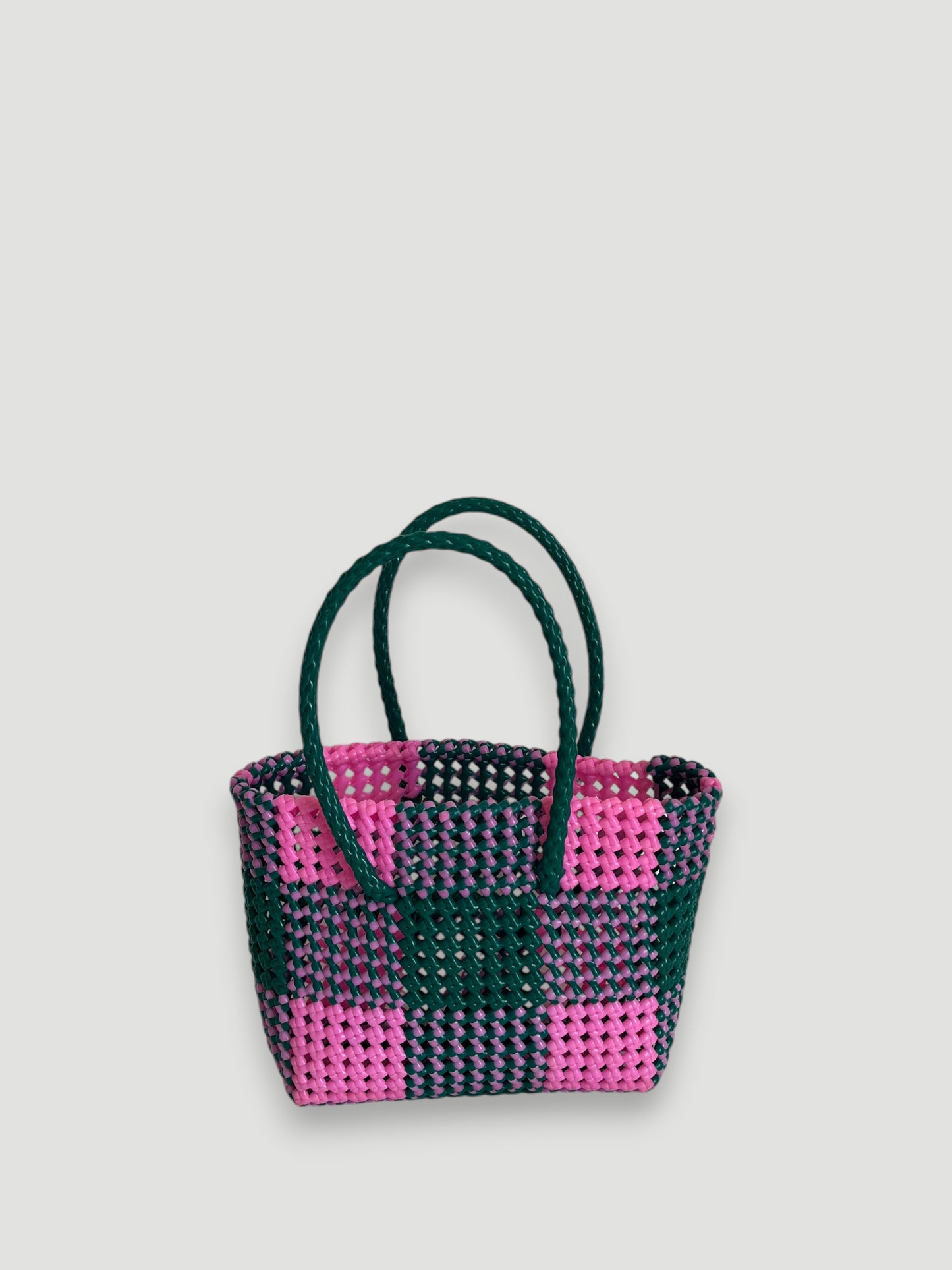 N°52S - SAC PANIER TRESSÉ MAIN - PETIT - rose clair & vert foncé