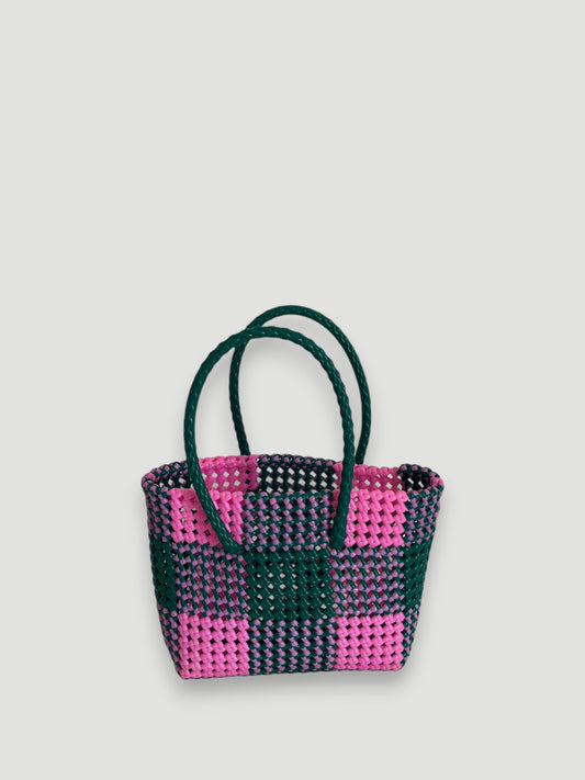 N°52S - SAC PANIER TRESSÉ MAIN - PETIT - rose clair & vert foncé