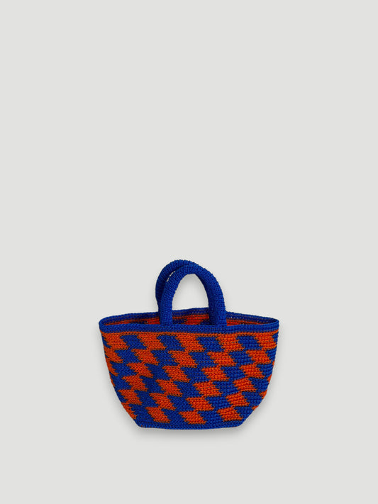 N°13SC - SAC PANIER CROCHET LOSANGE S - PETIT - orange & bleu foncé