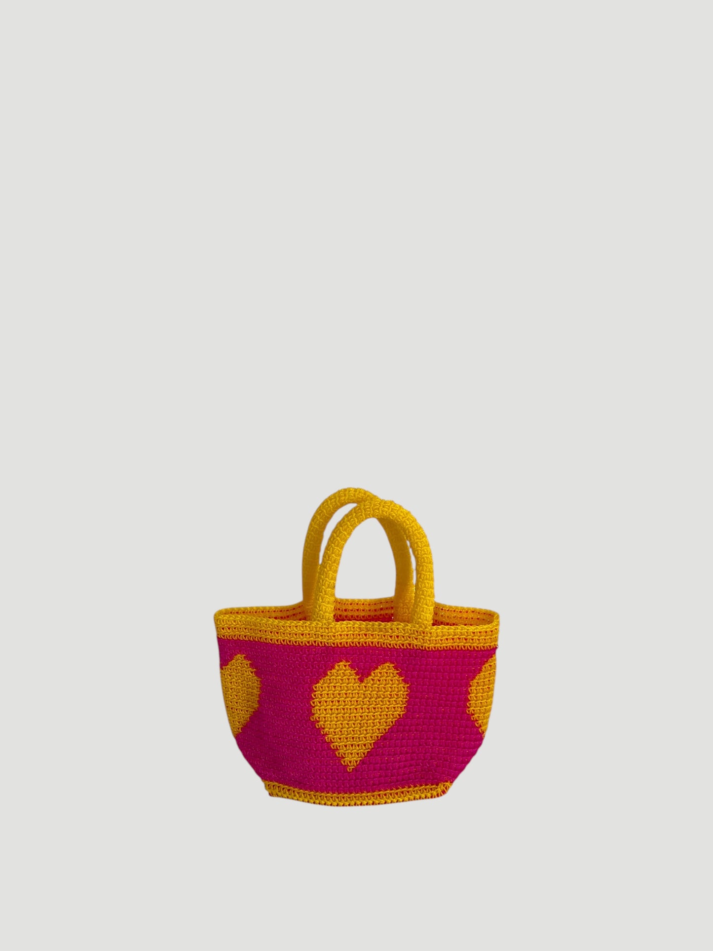 N°14SC - SAC PANIER CROCHET COEUR XS - MINI - rose fluo & jaune
