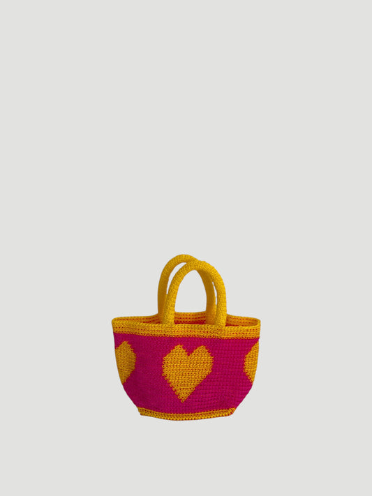 N°14SC - SAC PANIER CROCHET COEUR XS - MINI - rose fluo & jaune
