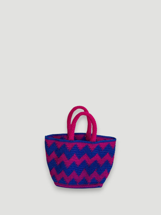 No. 15SC - CROCHET BASKET BAG - SMALL - neon pink &amp; dark blue