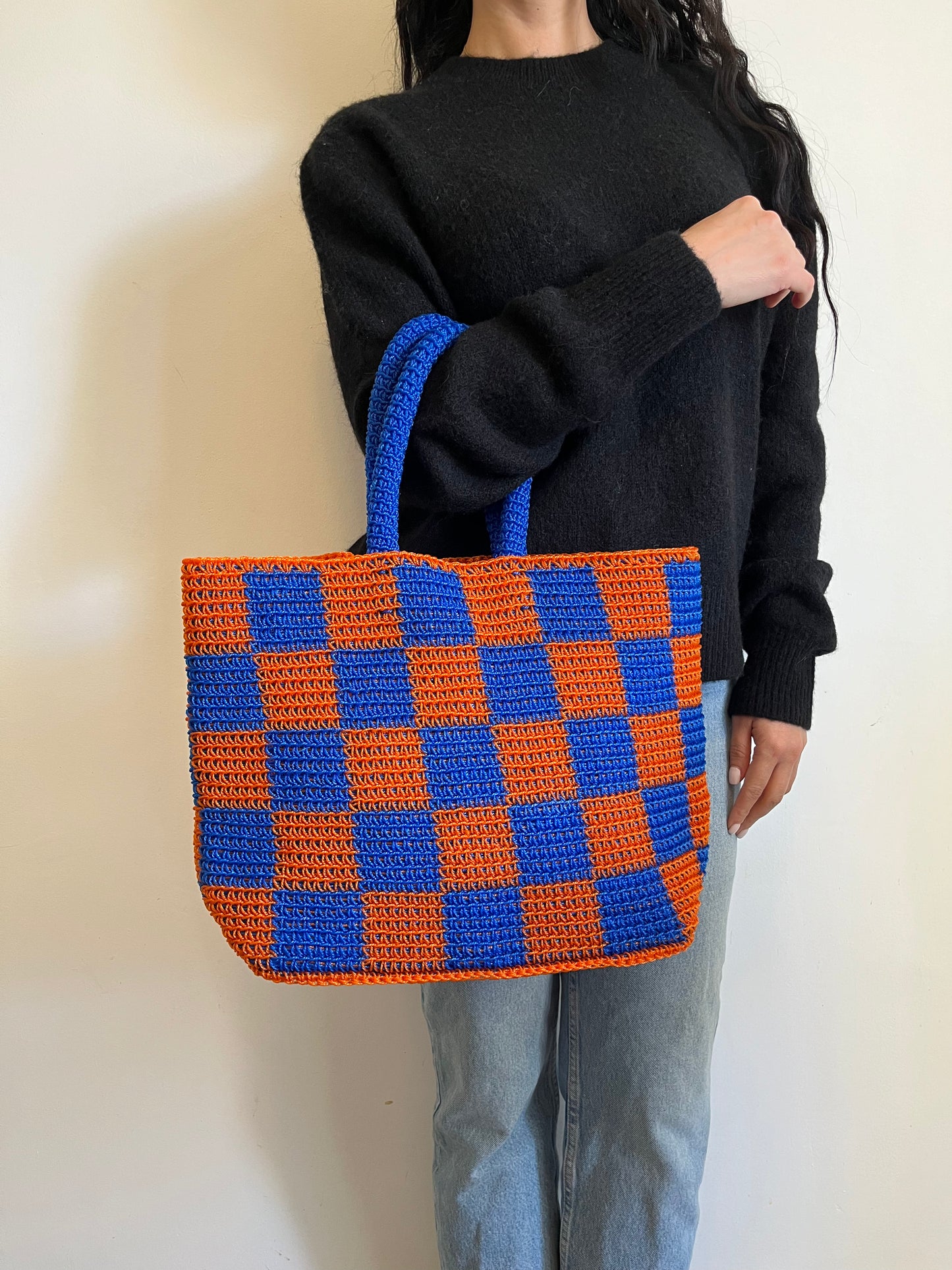 N°7SC - SAC CROCHET DAMIER L - GRAND - bleu foncé & orange