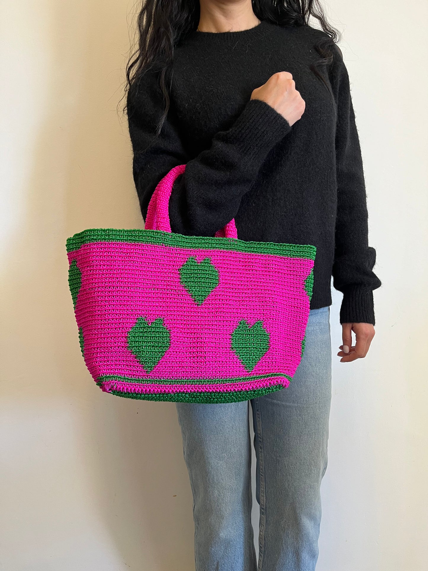 N°10SC - SAC CROCHET COEUR M - MOYEN - rose fluo & vert