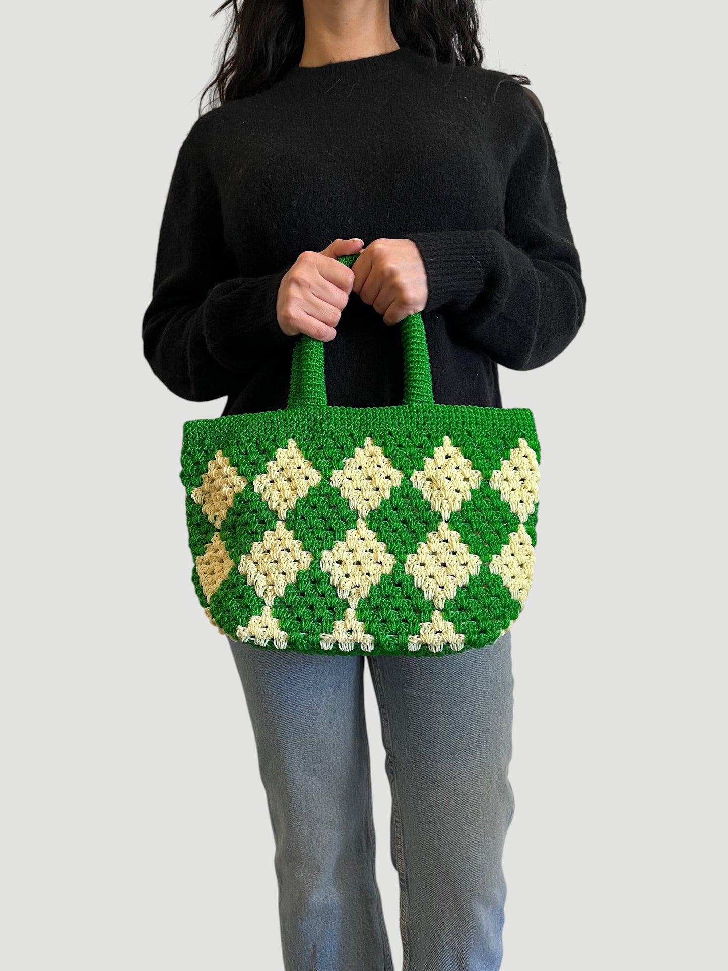 N°5SC - SAC PANIER CROCHET LOSANGE S - PETIT - vert & écru