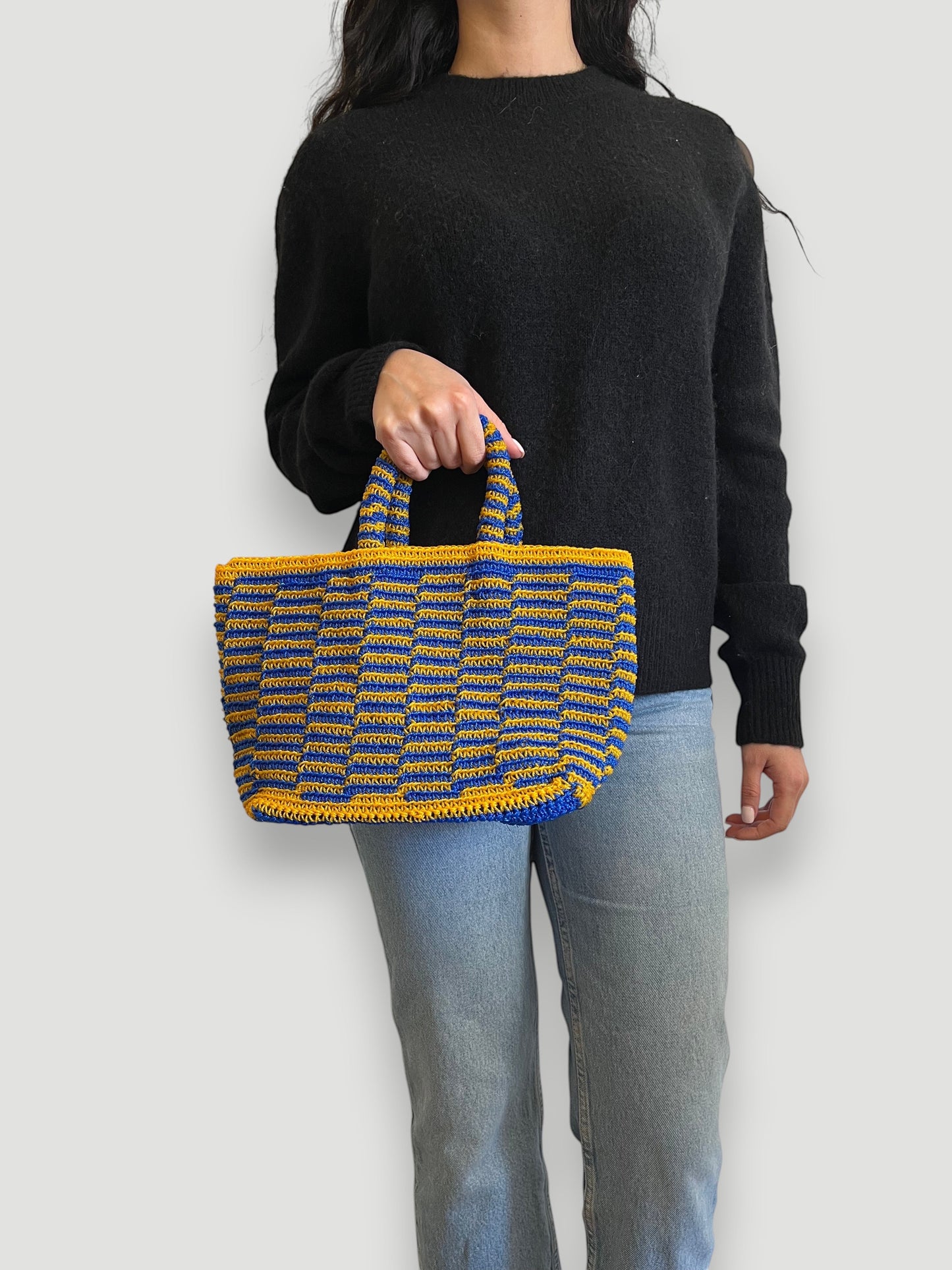 No. 2SC - CROCHET BASKET BAG - Small - Dark Blue &amp; Mustard