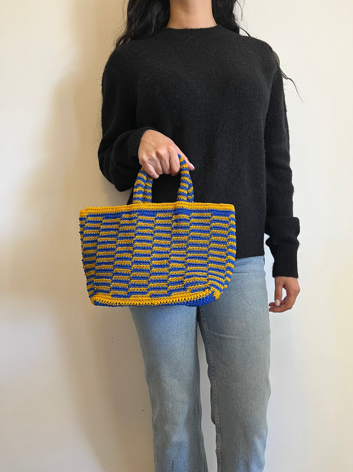 N°2SC - SAC CROCHET STRIE S - PETIT - bleu foncé & moutarde