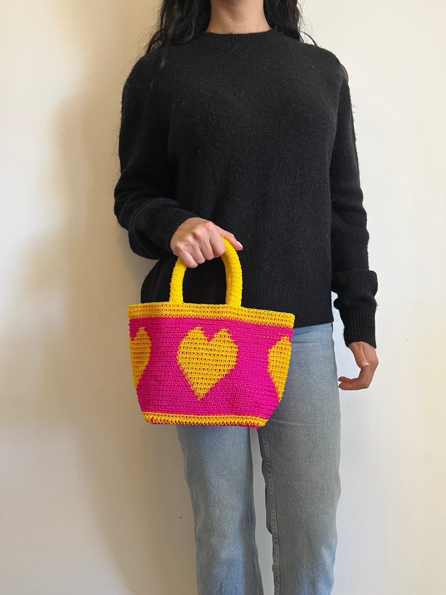 N°14SC - SAC CROCHET COEUR XS - MINI - rose fluo & jaune