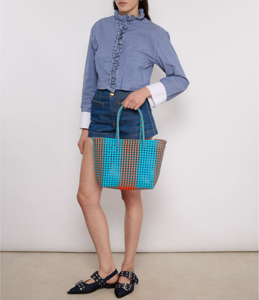 N°77M bis - SAC CABAS TRESSÉ MAIN - MOYEN - orange & bleu clair