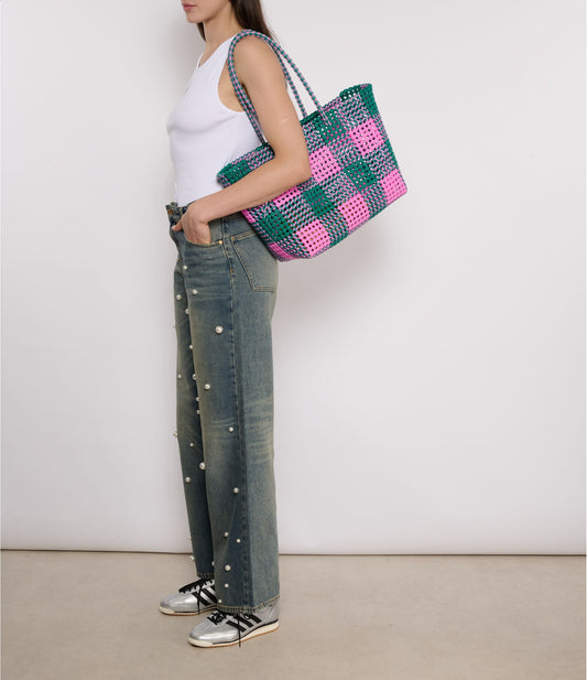 N°52L - SAC CABAS TRESSÉ MAIN - GRAND - rose clair & vert foncé