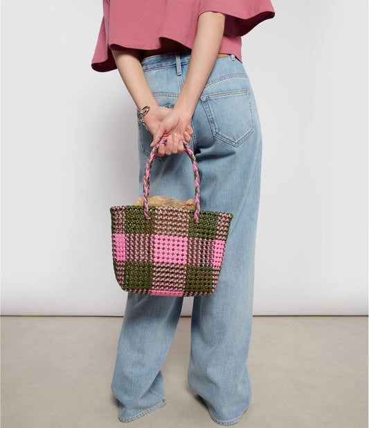 N°23S - SAC CABAS TRESSÉ MAIN - PETIT - kaki & rose clair