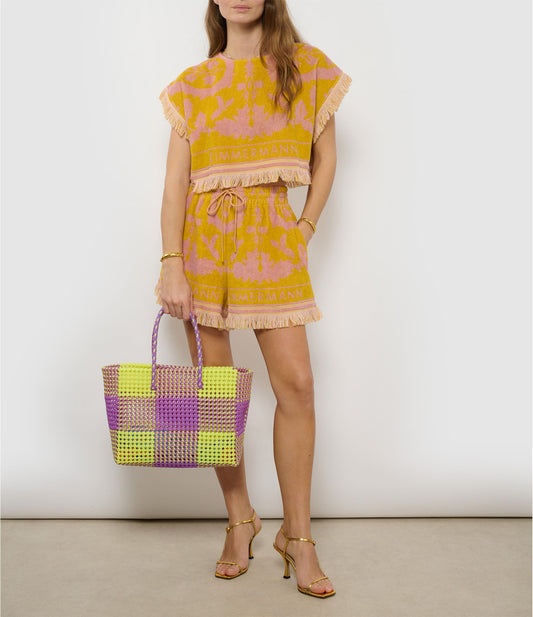 N°7L - SAC CABAS TRESSÉ MAIN - GRAND - jaune fluo & violet