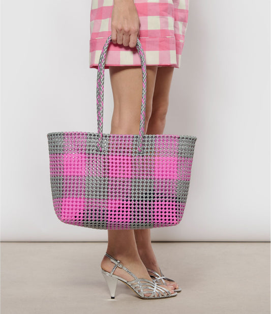 N°110L - SAC CABAS TRESSÉ MAIN - GRAND - rose clair & argenté