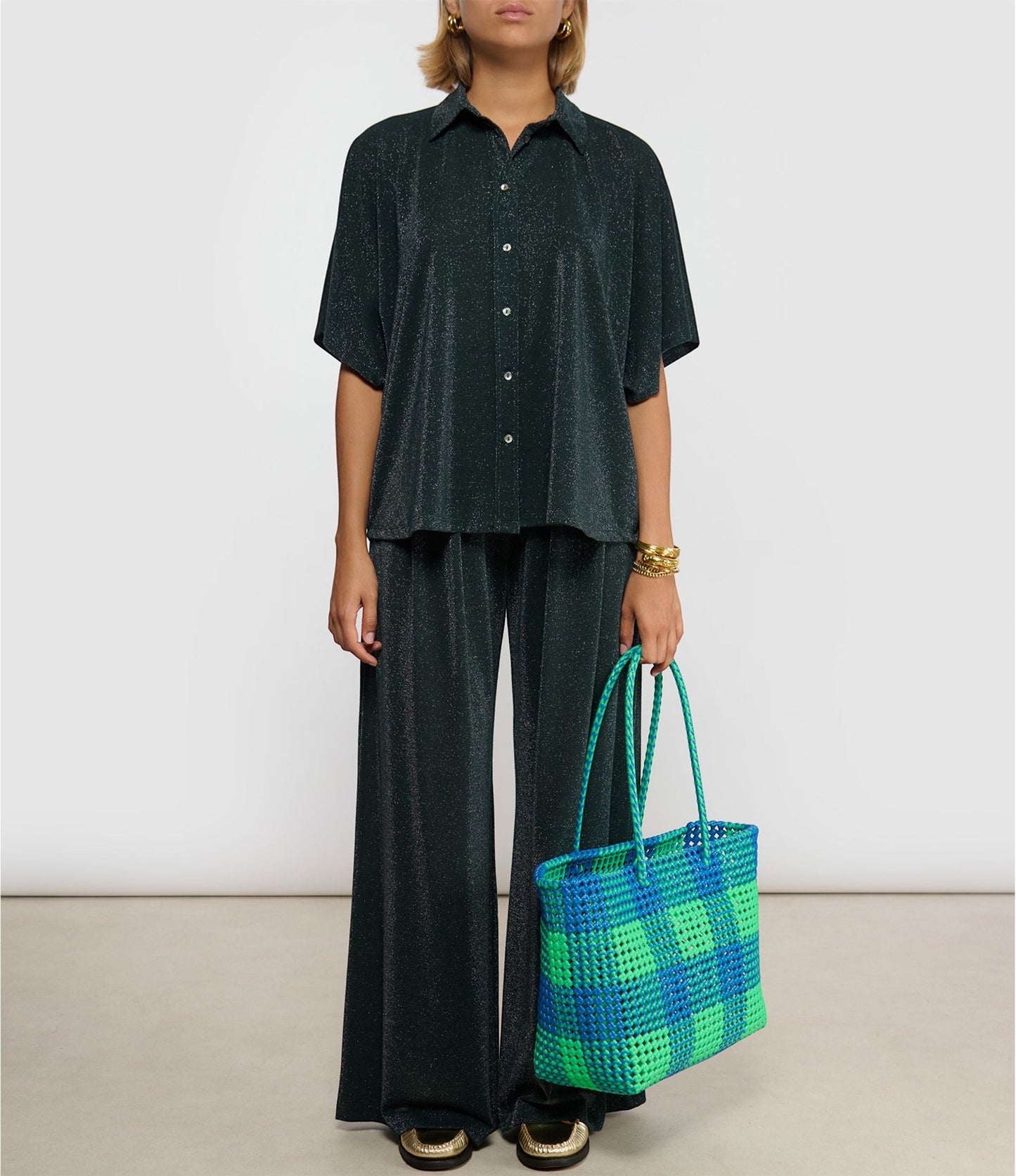 No. 49L - Handwoven basket bag - large - neon green &amp; dark blue