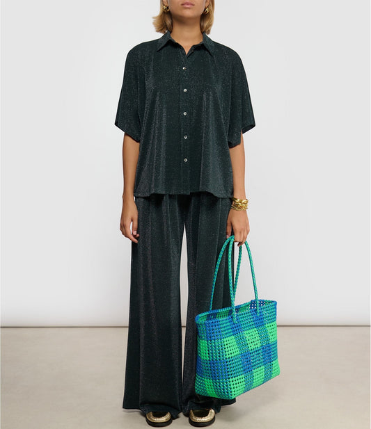 N°49L - SAC PANIER TRESSÉ MAIN - GRAND - vert fluo & bleu foncé