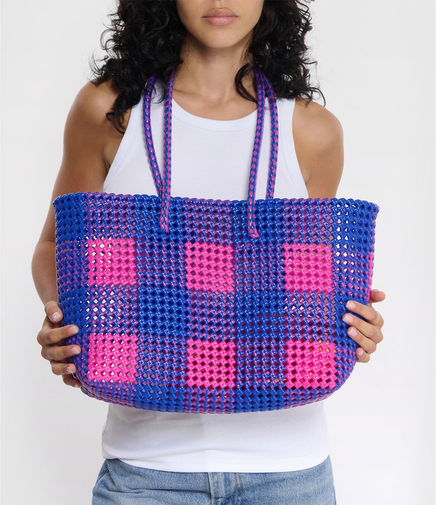 N°15L - SAC CABAS TRESSÉ MAIN - GRAND - rose fluo & bleu foncé