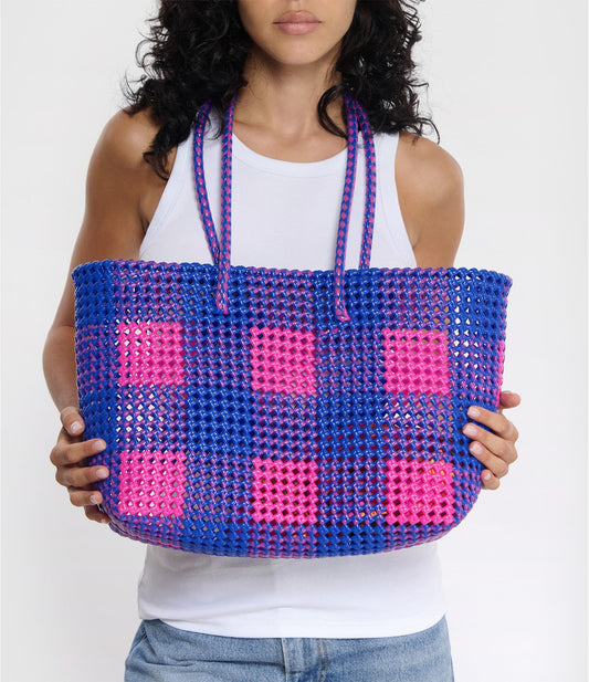 N°15L - SAC CABAS TRESSÉ MAIN - GRAND - rose fluo & bleu foncé