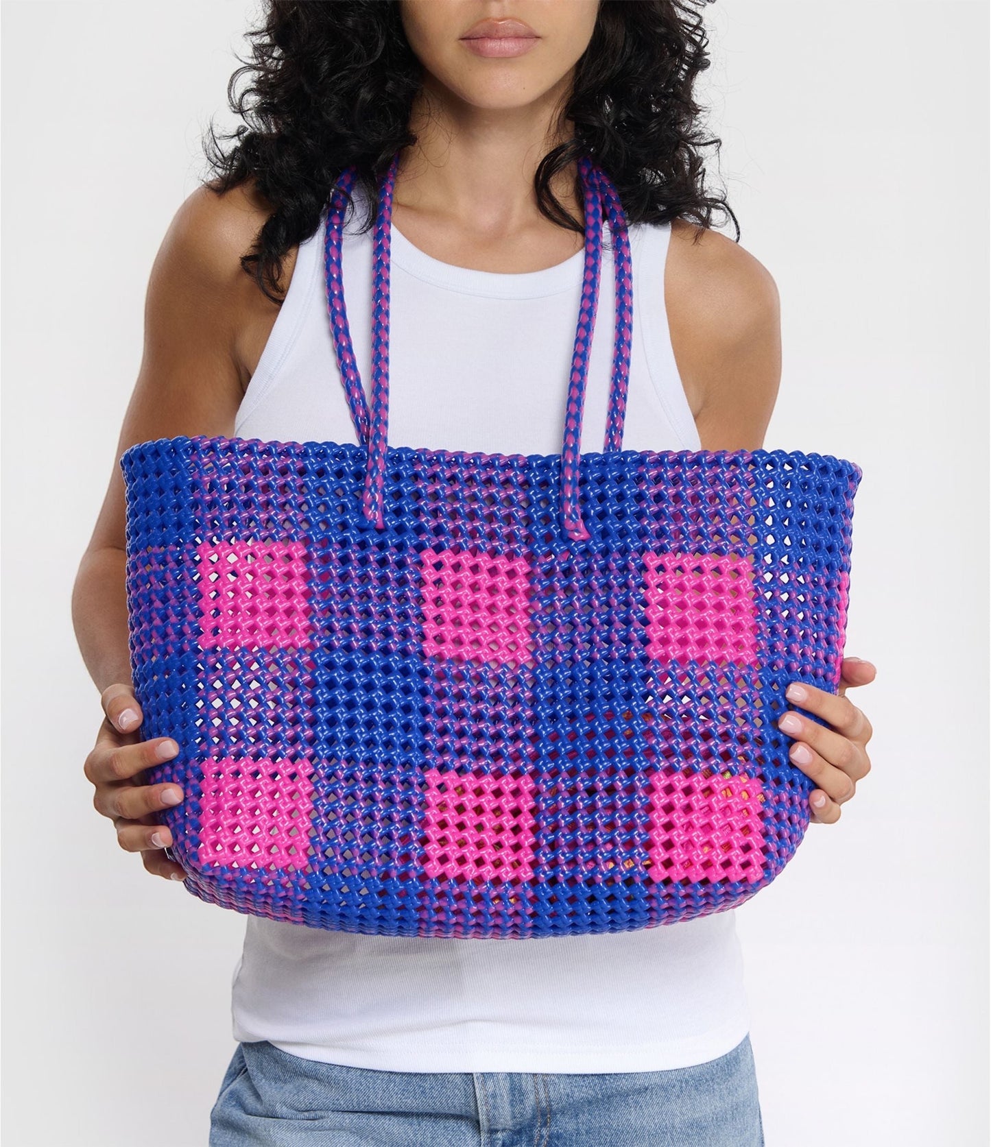 N°15L - SAC PANIER TRESSÉ MAIN - GRAND - rose fluo & bleu foncé