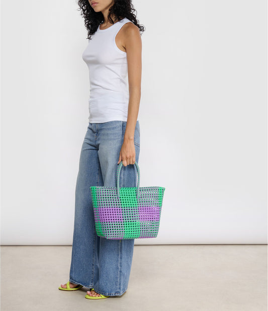 N°2M - SAC CABAS TRESSÉ MAIN - MOYEN - vert fluo & violet